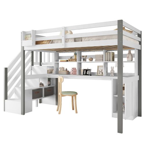 Lit Mezzanine 90x200 Cm Avec Escalier De Rangement Blanc Et Gris