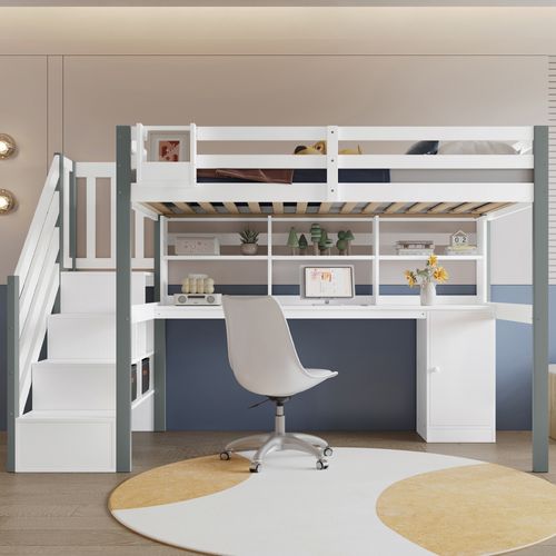 Lit Mezzanine 90x200 Cm Avec Escalier De Rangement Blanc Et Gris