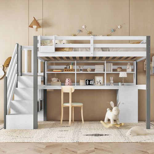 Lit Mezzanine 90x200 Cm Avec Escalier De Rangement Blanc Et Gris