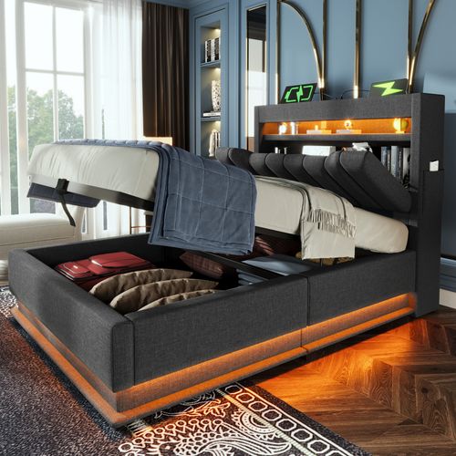 Lit Coffre 90x200 Cm Avec Structure Relevable Tête De Lit Avec Rangements Tissu Gris