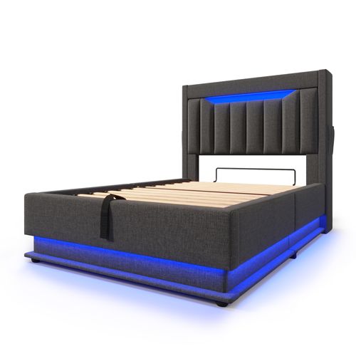 Lit Coffre 90x200 Cm Avec Structure Relevable Tête De Lit Avec Rangements Tissu Gris