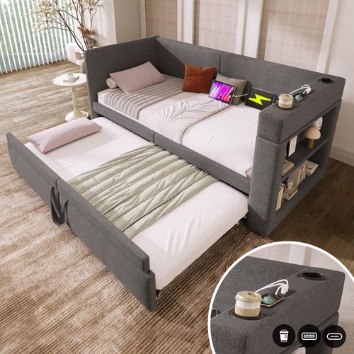 Canapé-lit 90x200 Cm Avec Lit Gigogne Tissu Coton-lin Gris