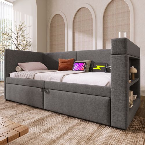 Canapé-lit 90x200 Cm Avec Lit Gigogne Tissu Coton-lin Gris