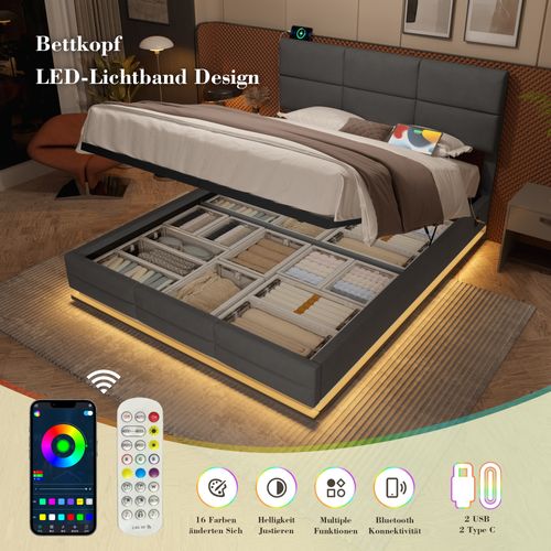 Lit Coffre 160x200 Cm Avec Sommier Relevable Tête De Lit Réglable En Velours Gris Foncé