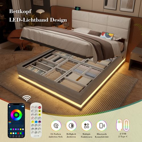 Lit Coffre 180x200 Cm Avec Sommier Relevable Hydraulique En Velours Beige