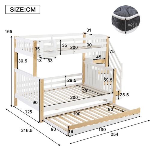 Lit Superposé 120x200 Cm Avec Lit Gigogne Et Escalier De Rangement Blanc Et Naturel