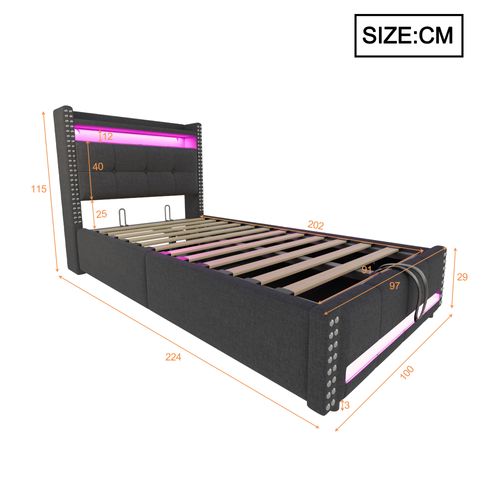 Lit enfant 90x200 Cm Avec Rangement Hydraulique Tissu Gris