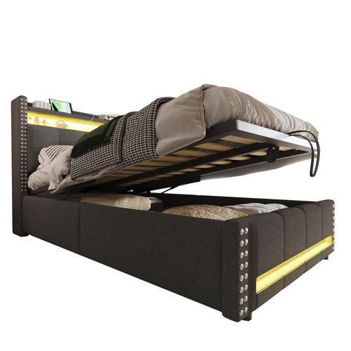 Lit enfant 90x200 Cm Avec Rangement Hydraulique Tissu Gris