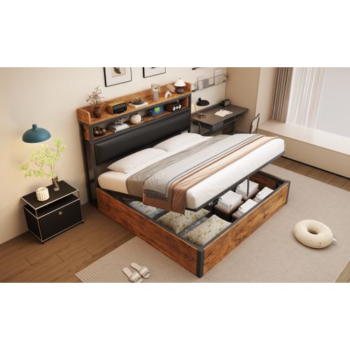 Lit Coffre 180x200 Cm Avec Sommier Relevable Hydraulique Tête De Lit Rembourrée