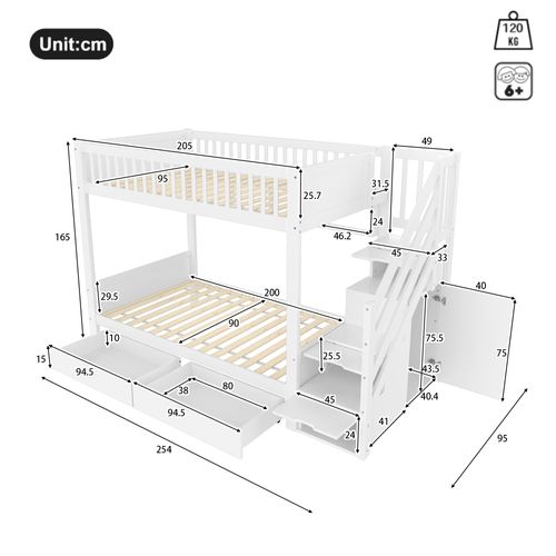 Lit Superposé 90x200 Cm Avec Escalier De Rangement Blanc