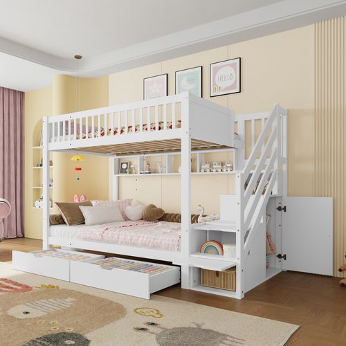 Lit Superposé 90x200 Cm Avec Escalier De Rangement Blanc