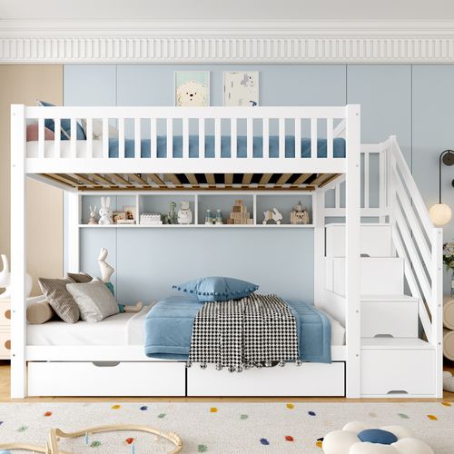 Lit Superposé 90x200 Cm Avec Escalier De Rangement Blanc
