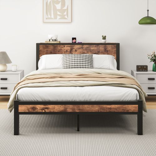 Lit Double 140x200 Cm Avec Structure Métal Et Mdf Antique Brown