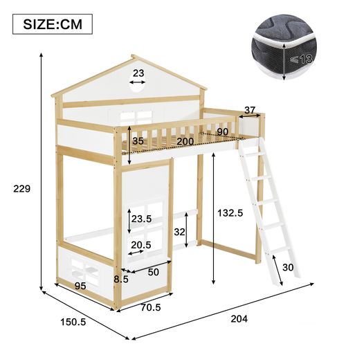 Lit Superposé 90x200 Cm Avec Structure En Bois Massif Et Mdf Toit Et Fenêtres
