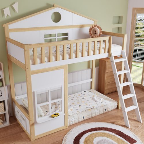 Lit Superposé 90x200 Cm Avec Structure En Bois Massif Et Mdf Toit Et Fenêtres