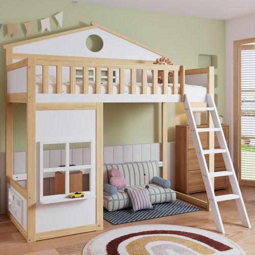 Lit Superposé 90x200 Cm Avec Structure En Bois Massif Et Mdf Toit Et Fenêtres