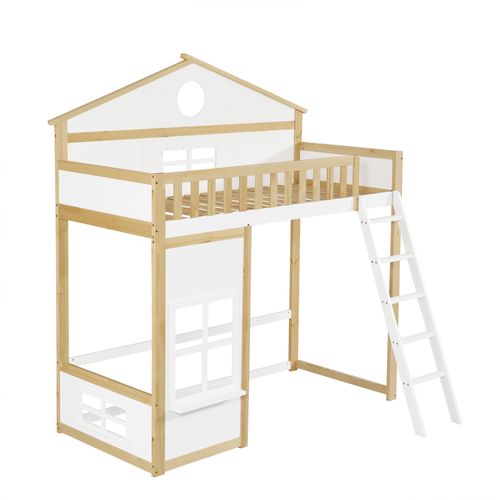 Lit Superposé 90x200 Cm Avec Structure En Bois Massif Et Mdf Toit Et Fenêtres