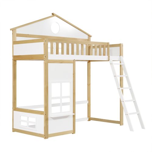 Lit Superposé 90x200 Cm Avec Structure En Bois Massif Et Mdf Toit Et Fenêtres