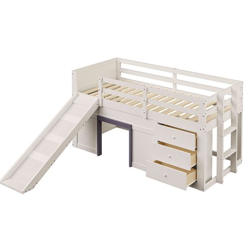 Lit Mezzanine 90x200 Cm Avec Structure Avec Tiroirs Et Toboggan Crème