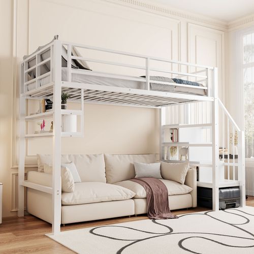 Lit Mezzanine 90x200 Cm Avec Structure Métal Et Mdf Blanc