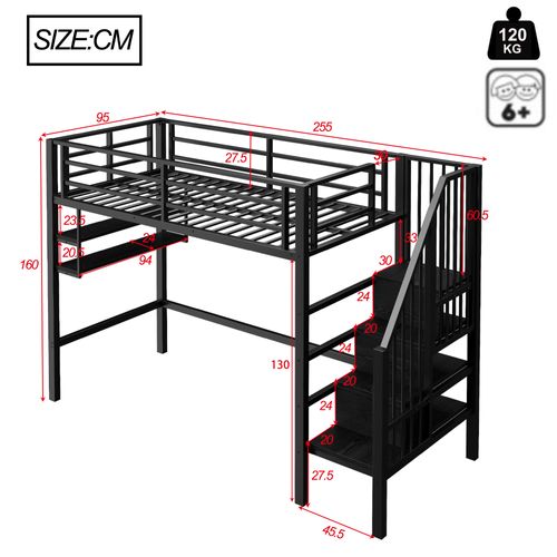 Lit Mezzanine 90x200 Cm Avec Structure En Métal Noir