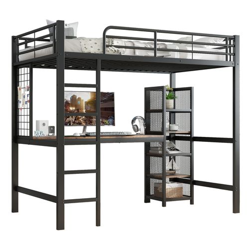 Lit Mezzanine 90x200 Cm Avec Structure En Métal Et Mdf Noir Et Noyer Foncé