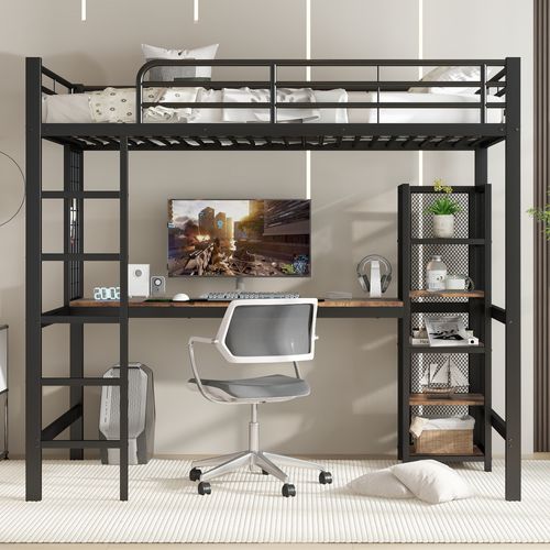 Lit Mezzanine 90x200 Cm Avec Structure En Métal Et Mdf Noir Et Noyer Foncé