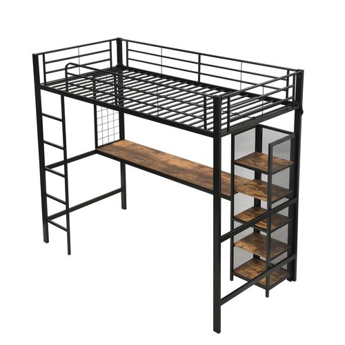 Lit Mezzanine 90x200 Cm Avec Structure En Métal Et Mdf Noir Et Noyer Foncé
