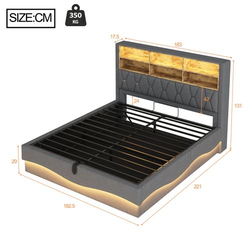 Lit Coffre 180x200 Cm Avec Structure En Métal Tissu Gris