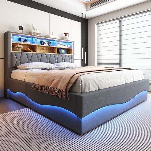 Lit Coffre 180x200 Cm Avec Structure En Métal Tissu Gris