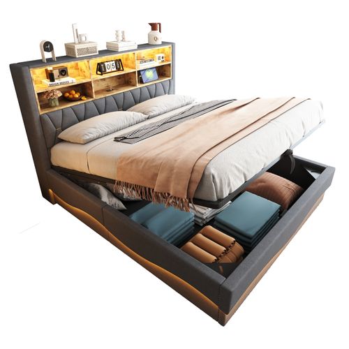 Lit Coffre 180x200 Cm Avec Structure En Métal Tissu Gris