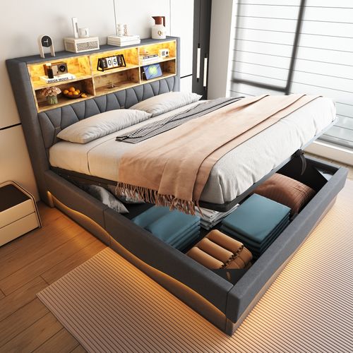 Lit Coffre 180x200 Cm Avec Structure En Métal Tissu Gris