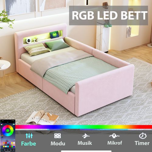 Lit Coffre 90x200 Cm Avec Rangement Hydraulique Tissu Velours Rose