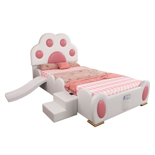 Lit Rembourré 90x200 Cm Avec Structure Avec Toboggan Et Échelle Blanc Et Rose