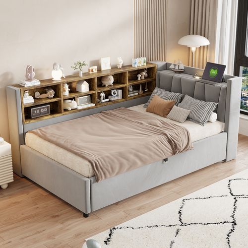 Lit Coffre 90x200 Cm Avec Rangement Hydraulique En Velours Gris