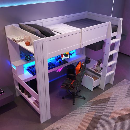 Lit Mezzanine 90x200 Cm Avec Bureau Et Rangements LED Blanc