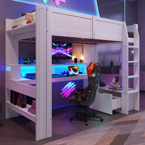 Lit Mezzanine 90x200 Cm Avec Bureau Et Rangements LED Blanc