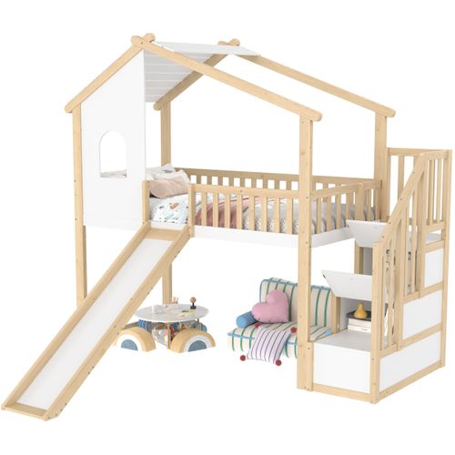 Lit Mezzanine 90x200 Cm Avec Structure Avec Toboggan Nature Et Blanc