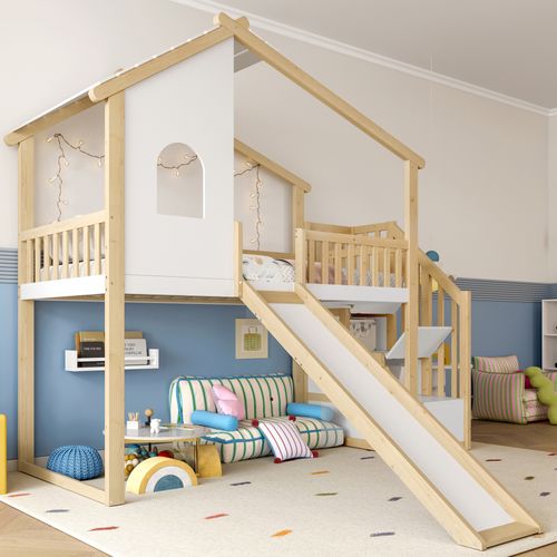 Lit Mezzanine 90x200 Cm Avec Structure Avec Toboggan Nature Et Blanc