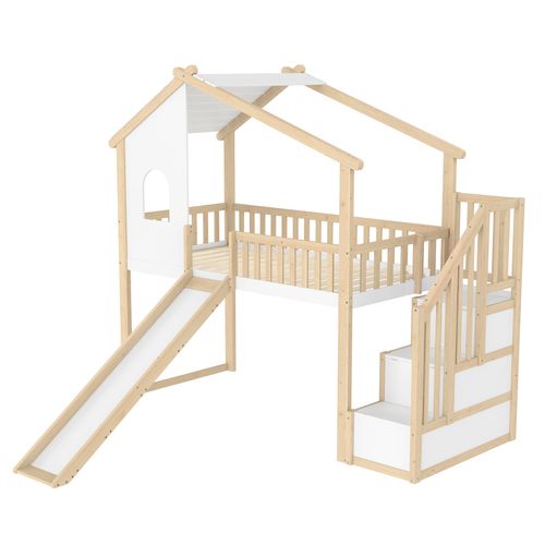 Lit Mezzanine 90x200 Cm Avec Structure Avec Toboggan Nature Et Blanc
