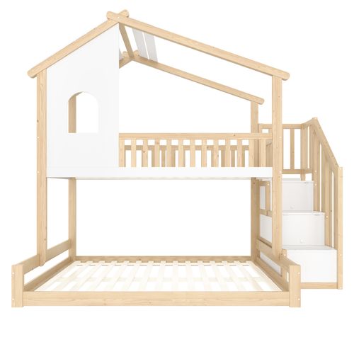 Lit Superposé 90x200 Cm + 140x200 Cm Avec Structure En Pin Naturel Et Blanc