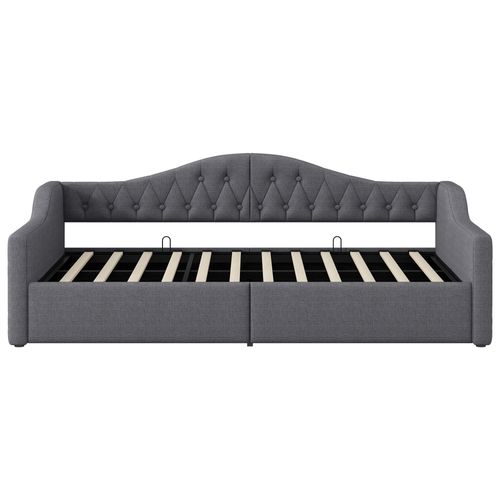 Lit Simple 90x200 Cm Avec Structure Avec Grand Rangement Tissu Gris