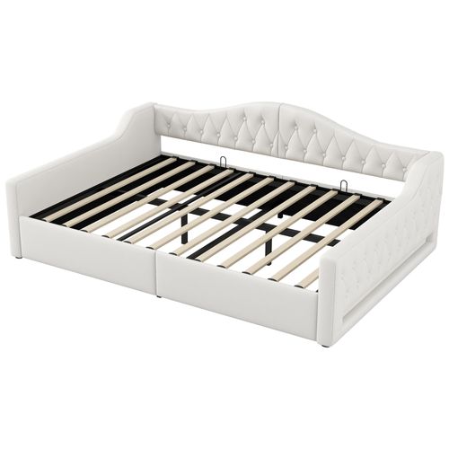 Lit Double 140x200 Cm Avec Rangement Sous Le Lit Tissu Beige