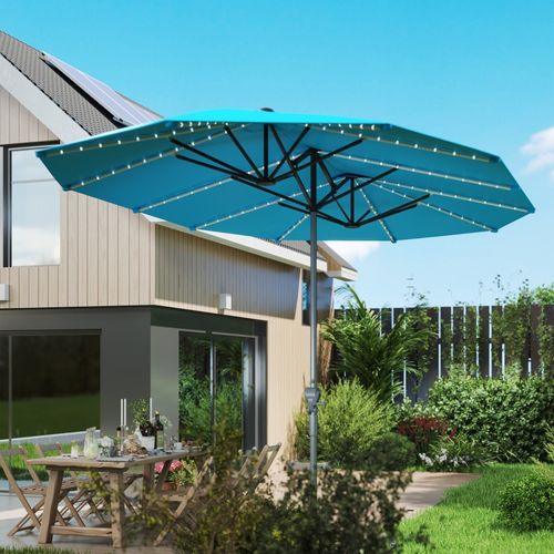 Parasol Double Avec Structure En Aluminium Et LED Solaires/usb Bleu
