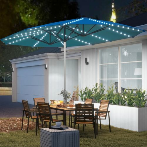 Parasol Double Avec Structure En Aluminium Et LED Solaires/usb Bleu