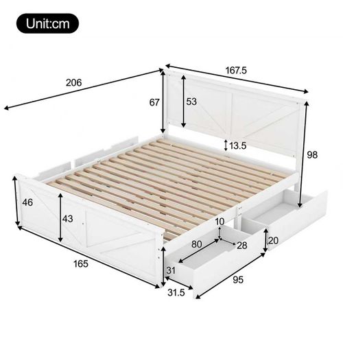 Lit Double 160x200 Cm Avec 4 Tiroirs De Rangement Blanc