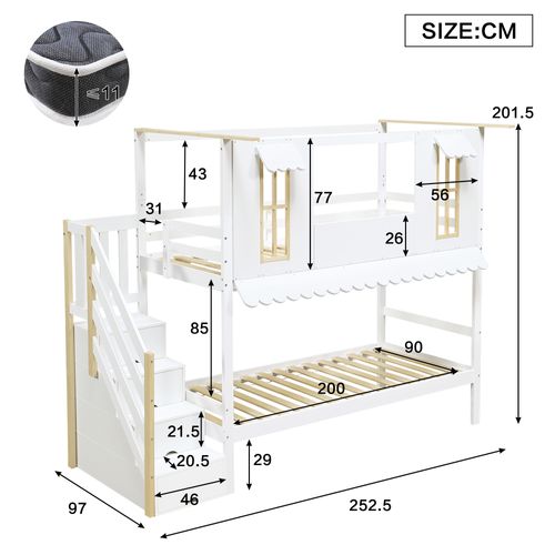 Lit Superposé 90x200 Cm Avec Escalier De Rangement Blanc Et Naturel