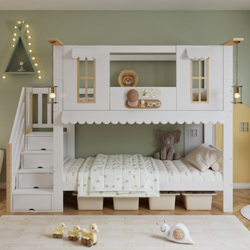 Lit Superposé 90x200 Cm Avec Escalier De Rangement Blanc Et Naturel