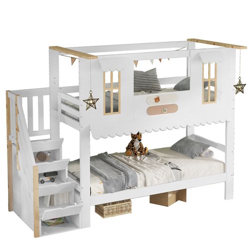 Lit Superposé 90x200 Cm Avec Escalier De Rangement Blanc Et Naturel
