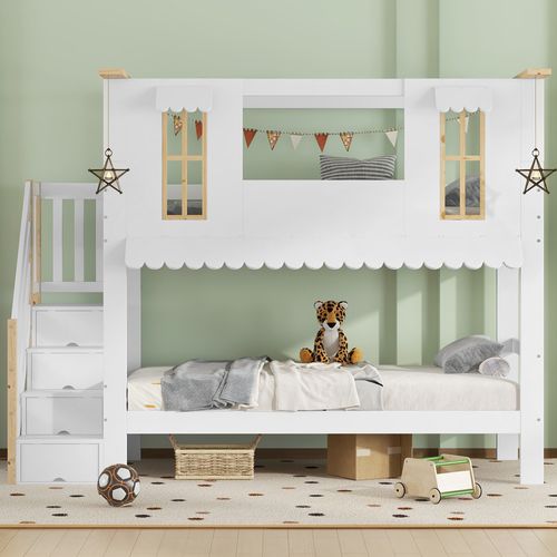 Lit Superposé 90x200 Cm Avec Escalier De Rangement Blanc Et Naturel
